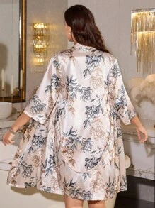 LuxeNights 女士缎面睡裙，印花缎面吊带睡衣套装，含配套睡袍，秋冬服装 - 杏色 - 查看 2