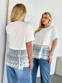Auralis Camiseta de manga corta blanca con encaje y efecto transparente, cómoda y holgada, para mujer talla grande, estilo casual y fresco para primavera y verano, tops bonitos y curvilíneos para cruceros, salidas y vacaciones - Blanco - Ver 1