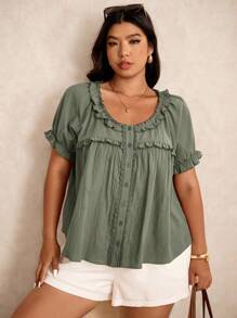 Elaquor 大码女式夏季纯色荷叶边泡泡袖衬衫 - 薄荷綠 - 查看 4