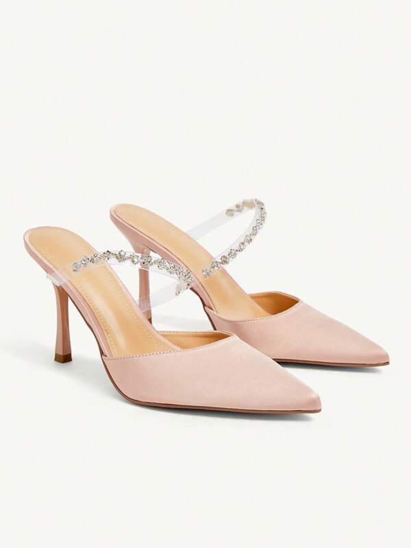CUCCOO CHICEST Pantofi eleganti sexy din satin pentru femei, cu vârful ascuțit și toc înalt, roz, cu strasuri, pentru petreceri, nuntă, ocazii formale