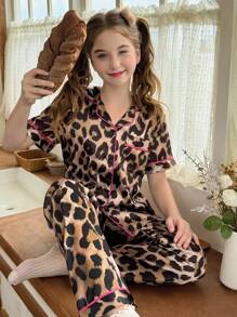SHEIN 女童超大仿丝豹纹开衫睡衣套装 - 彩色 - 查看 5