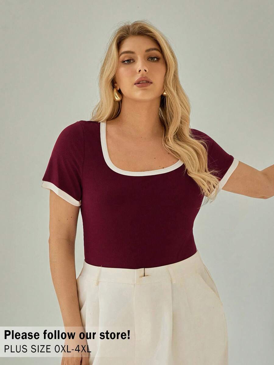 Auralis Plus Size Women Summer Daily Contrast Trim Round Neck Short Sleeve T-Shirt - Red - View 1