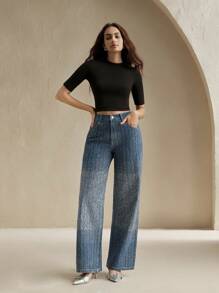 Anewsta Distressed Straight Leg Jeans With Rhinestones, Versatile And Fashionable American Style - Blue - View 5