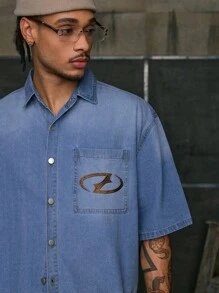 AXEPEAK 男士夏季休闲街头刺绣拼布口袋宽松牛仔衬衫