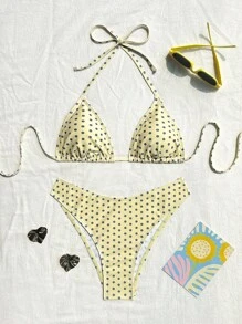 Swim Mod 2026 Spring/Summer Women's Spaghetti Strap Halter Neck Yellow Base Gray Polka Dot Random Print Sweet Cute Side High Cut Swim Shorts 2-Piece Bikini Swimsuit - Multicolor - View 3