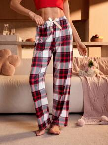 SHEIN Pantalones de pijama rectos con lazo en la cintura y estampado a cuadros para mujer, otoño