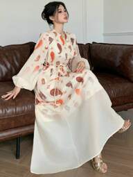 DAZY Women's Long Sleeve Maxi Bohemian Dress With Plant Floral & Geometric Print, Loose Casual Vacation Drawstring Waist Tie Belt, Suitable For Autumn, Spring, Summer Seasons,Fall Women Clothes