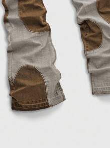 ROMWE MEN Street Life Spring Casual Graphic Men'S Casual Washed Color Block Patchwork Denim Jeans - Khaki - View 3