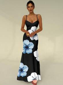 Aloruh 女式休闲优雅露背细肩带系带花卉印花超长紧身连衣裙，适合春夏季，蓝白花卉印花，芙蓉花印花 - 彩色 - 查看 5