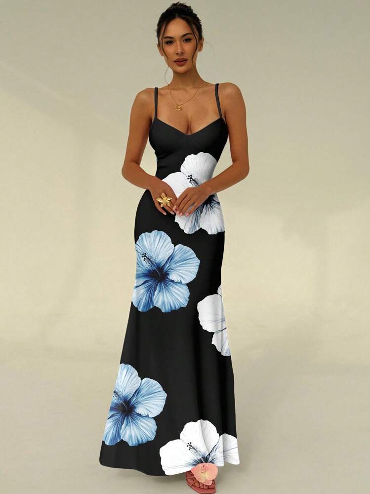 Aloruh Women's Casual Elegant Backless Spaghetti Strap Tie Maxi Bodycon Dress With Floral Print, Suitable For Spring/Summer, Blue & White Floral Print, Hibiscus Flower Print Suitable For Going Out - Multicolor - View 5