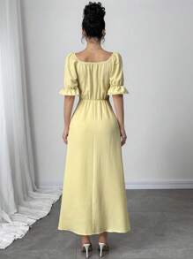 Modelyn 女士优雅方领泡泡袖 A 字形长裙，系腰带，雪纺，度假休闲装，春夏 - 黃色 - 查看 2
