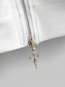 ROMWE Goth Women Casual Street Style Halloween Punk Floral Skull Print 2 In 1 Leopard Splice Zip Up Hooded Sweatshirt - White - View 4