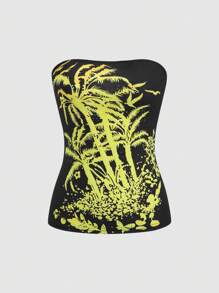 SHEIN Unity Women's Yellow Palm Tree Print Bandeau Top - Black - View 1