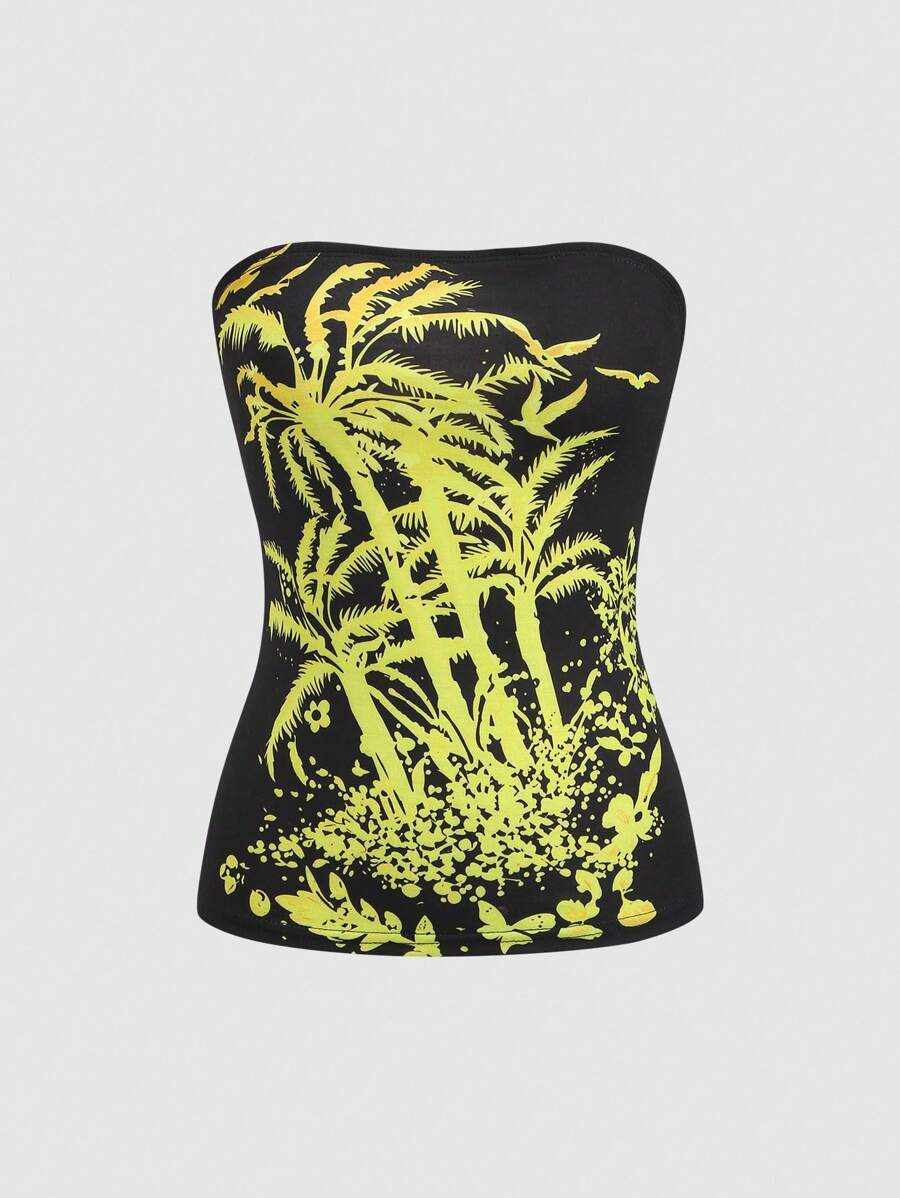 SHEIN Unity Women's Yellow Palm Tree Print Bandeau Top - Black - View 1