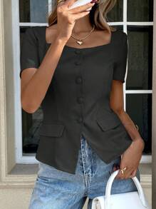 Easowa Vintage Old Money Solid Color Square Collar Short Sleeve Shirt, Office Wear, Spring/Summer - Dark Grey - View 8