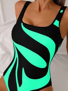 SHEIN Swim 女士连体沙滩装露背时尚泳衣，彩色印花优雅休闲度假泳装 - 彩色 - 查看 3