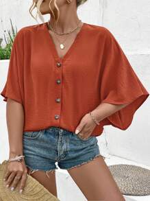 EMERY ROSE Blouse printemps/été 2025 pour femmes grandes tailles élégante, de couleur unie, en jacquard, avec encolure en V, épaules tombantes et décorations de boutons pour des vacances à la plage - Orange - Voir 3