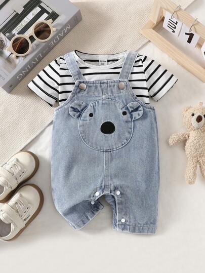 SHEIN Baby Boy Cartoon Graphic 3D Ear Design Denim Jumpsuit
