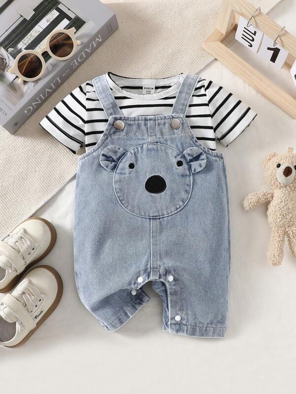 SHEIN Baby Boy Cartoon Graphic 3D Ear Design Denim Jumpsuit