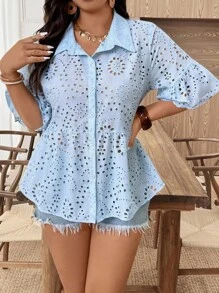 EMERY ROSE Plus Size Women's Popular Hollow Out Embroidery Ruffled Collar Blouse - Blue - View 5
