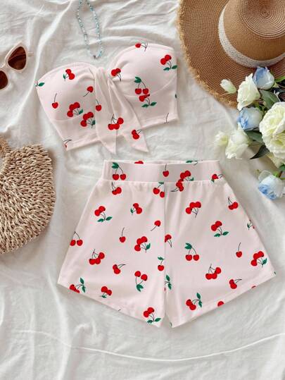 Soleia Set de 2 piezas de top tubo y shorts con estampado de cerezas en color ROSA, adecuado para vacaciones de verano. Conjunto de dos piezas con estampado de cerezas, conjunto de shorts de dos piezas para mujer, conjunto de dos piezas lindo, conjunto de dos piezas de verano, adecuado para salir