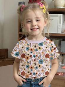 SHEIN 2025 Summer New Fashion Casual Cute Colorful Floral Print Color Block Short Sleeve Round Neck T-Shirt For Young Girls, Suitable For Daily And Holiday Wear - Multicolor - View 1