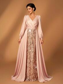 Serin Váy dài tay đuôi cá xếp ly ren sequin thanh lịch cổ chữ V bằng vải satin, phù hợp cho tiệc tối, vũ hội, đám cưới, váy cưới cho mẹ cô dâu - Rượu sâm banh - Xem 4