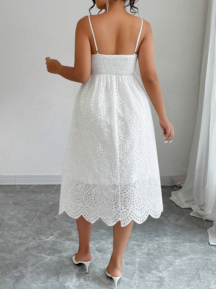 SHEIN Clasi Plus Size Solid Color Hollow Embroidery Summer Sleeveless Textured Embroidery Dress - White - View 2