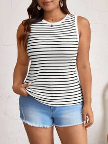 Elaquor Plus Size Striped Slim Fit Round Neck Summer Boho Tank Top - Black and White - View 6