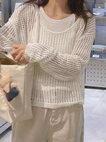 DAZY Hollow Out Long Sleeve Loose Casual Shawl Cover Up For Women,Fall Women Clothes - Beige - View 6