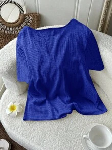 SHEIN LUNE 大码女式纯色纹理系带上衣，夏季宝蓝色衬衫，外出上衣，假日装 - 寶藍色 - 查看 2