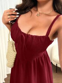 Vionelle Plus Size Women Elegant Solid Color Front Bowknot Spaghetti Strap Maxi Beach Dress, Suitable For Beach, Party, Date, Music Festival, Spring/Summer, Versatile Design - Burgundy - View 3