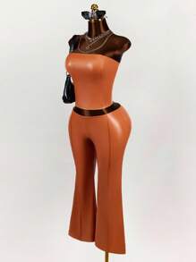 Amplova Women's Summer Solid Color PU Leather Crop Top And Flared Pants 2 Pieces Set, Fashionable