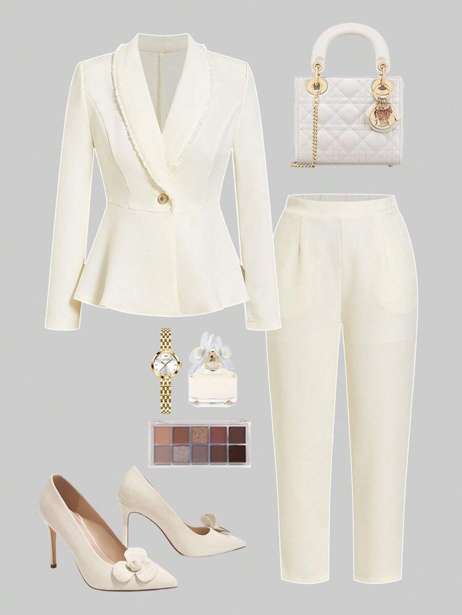 Ellevyn 女式立领收腰白色粗花呢外套和锥形裤，带流苏，优雅的女士日常穿着和工作套装，秋冬 - 白色 - 查看 1