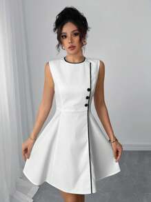 SHEIN Clasi Contrast Color Round Neck Sleeveless Slim Fit Short Mini Dress For Women Teacher Outfits For Women Back To School Clothes Teacher  Dresses For Women Elegant  White Dresses Classy Elegant Business Casual Woman Office Outfits For Women Teacher Work Clothes Women Teacher Outfits Business Casual Outfits Women Business Professional Women Work Dresses For Women - Multicolor - View 3