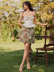 SHEIN Unity 复古优雅皇家重磅刺绣图案女式迷你裙，夏季 - 綠色 - 查看 3