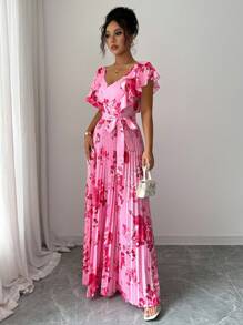 Elenzga V-Neck Digital Floral Print Vacation Style Ruffle Waist A-Line Elegant Romantic Dress For Women