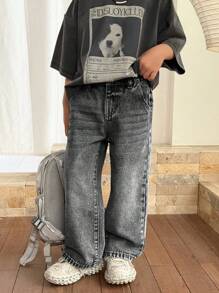 SHEIN 男童时尚石洗休闲宽腿宽松蓝色牛仔裤，儿童春夏装日常穿着，儿童宽松牛仔裤，灰色宽松牛仔裤，儿童宽腿牛仔裤