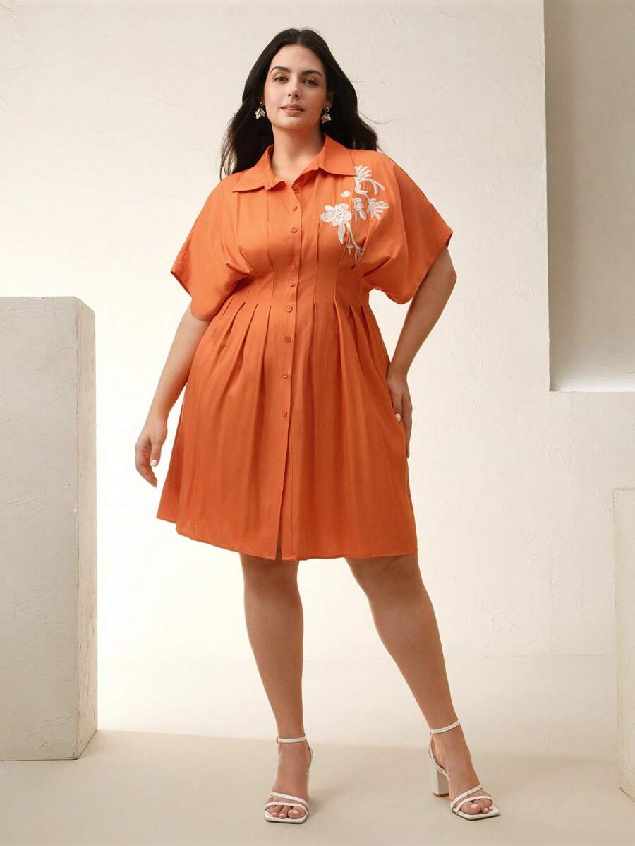 Anewsta Elegant, Spring/Summer Business Casual Women Embroidered Collared Cinched Waist Half Sleeve Shirt Dress