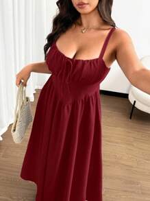 Vionelle Plus Size Women Elegant Solid Color Front Bowknot Spaghetti Strap Maxi Beach Dress, Suitable For Beach, Party, Date, Music Festival, Spring/Summer, Versatile Design - Burgundy - View 5