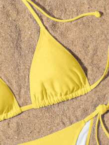 Swim Mod 2pcs Women's Halter Neck Solid Triangle Bikini Set, Summer Beach Swimwear - Yellow - View 4