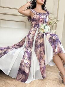 SHEIN Clasi 加大码优雅浪漫方领弹力领荷叶边领子下摆拼接长款连衣裙无袖荷叶边露肩夏季深紫色连衣裙适合夏季正式礼服 - 紫色 - 查看 2