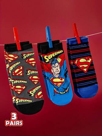 SUPERMAN X SHEIN 3 Pairs Breathable Moisture Wicking Men's Short Socks, Reinforced Toe & Heel For Durability, Suitable For All Seasons, Spring/Summer/Autumn/Winter, Black & Gray Striped