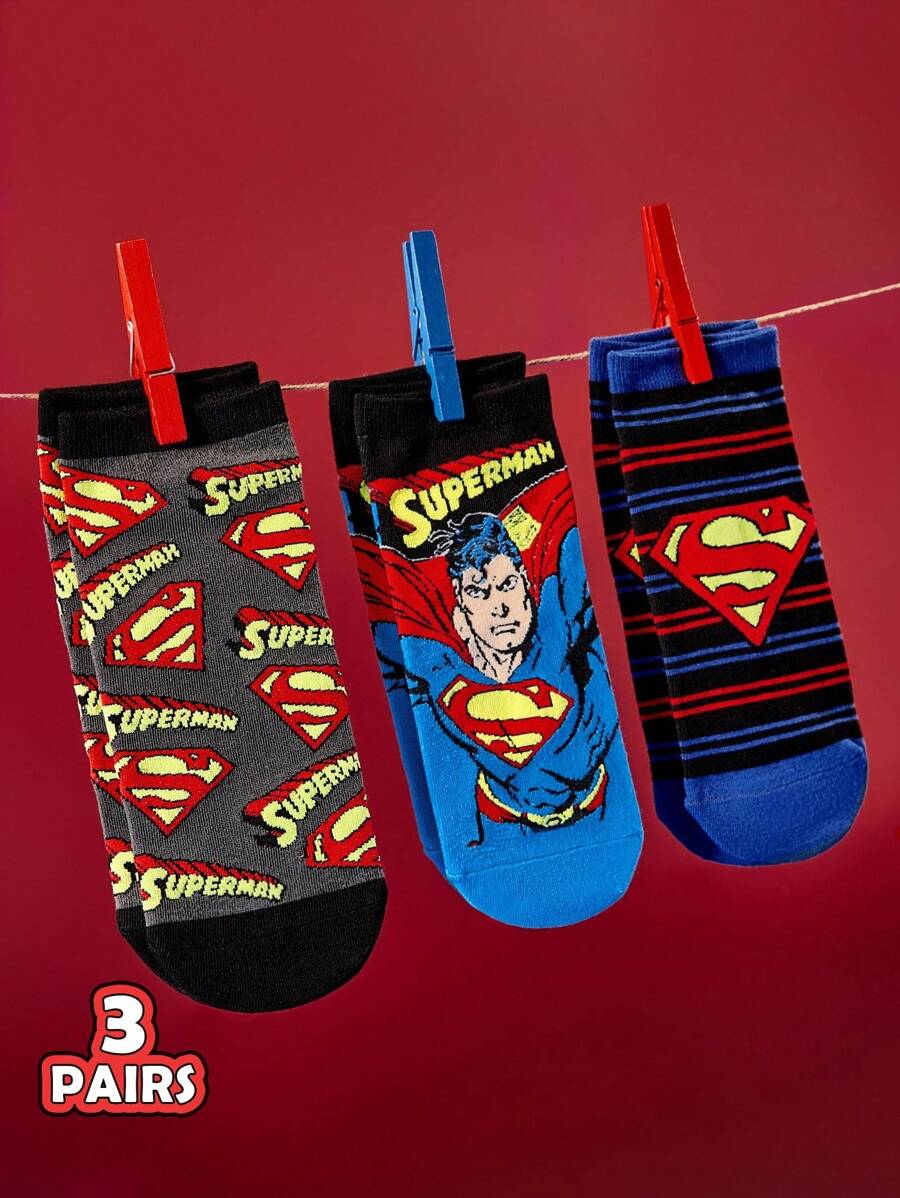 SUPERMAN X SHEIN 3 Pairs Breathable Moisture Wicking Men's Short Socks, Reinforced Toe & Heel For Durability, Suitable For All Seasons, Spring/Summer/Autumn/Winter, Black & Gray Striped