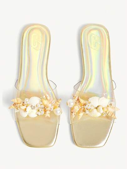 CUCCOO CHICEST 女士水晶装饰透明鞋面方头平底舒适闪亮奢华高贵品质沙滩凉鞋，银色 PVC 休闲夏季派对礼服平底鞋