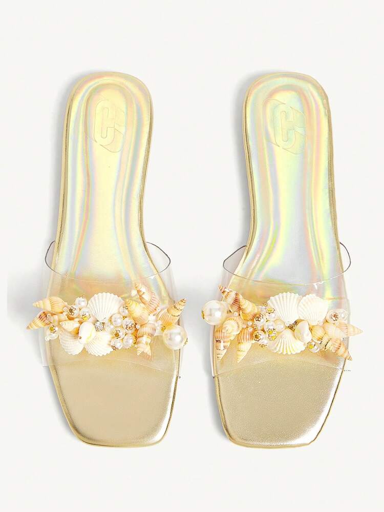 CUCCOO CHICEST Women Crystal Embellished Transparent Vamp Square Toe Flat Comfortable Shining Luxury Noble Quality Beach Sandals, Silver PVC Casual Summer Party Dress Flats