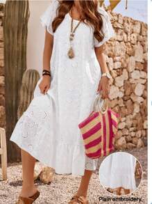 EMERY ROSE 大码女式花卉刺绣荷叶边下摆短袖度假连衣裙 - 白色 - 查看 1