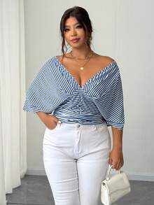 Elenzga Plus Size Blue Striped Sleeveless Shirt Dress, Cinched Waist Waist, Versatile & Elegant Fall Cloth For Women - Blue - View 4