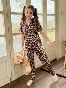SHEIN 女童超大仿丝豹纹开衫睡衣套装 - 彩色 - 查看 4