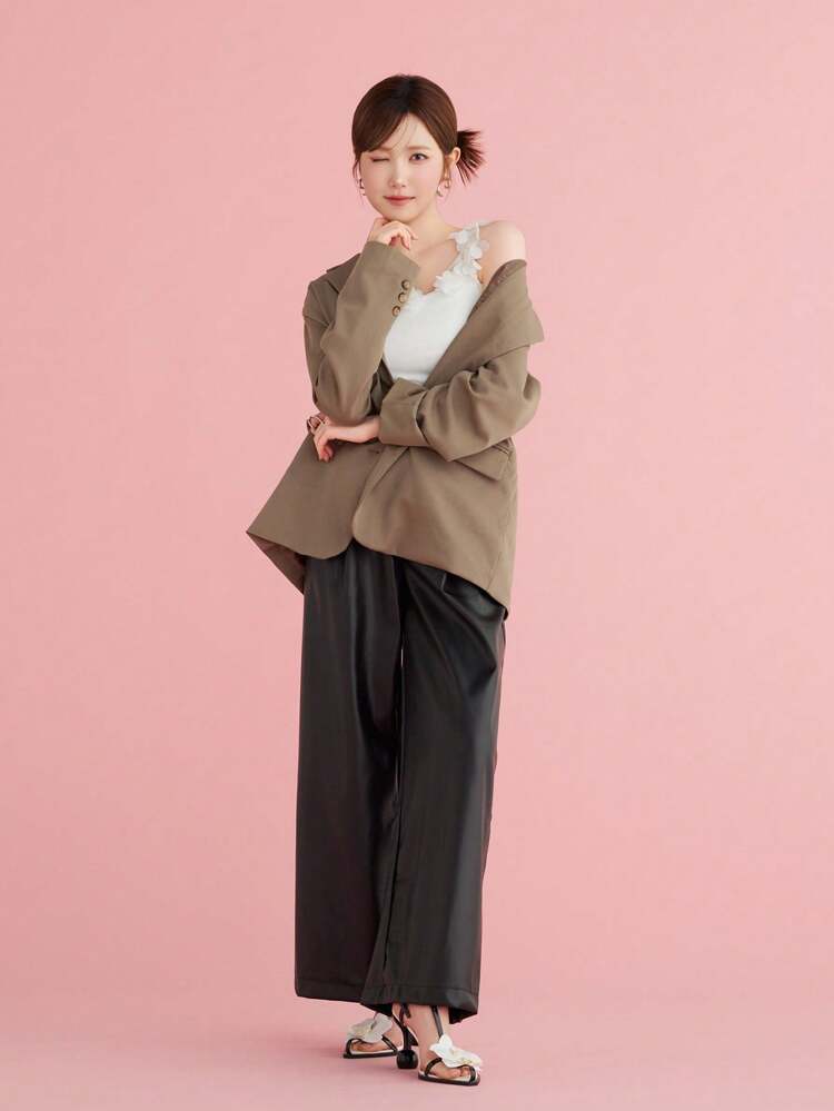 Women Loose Straight Leg Faux Leather Pants, Autumn/Winter